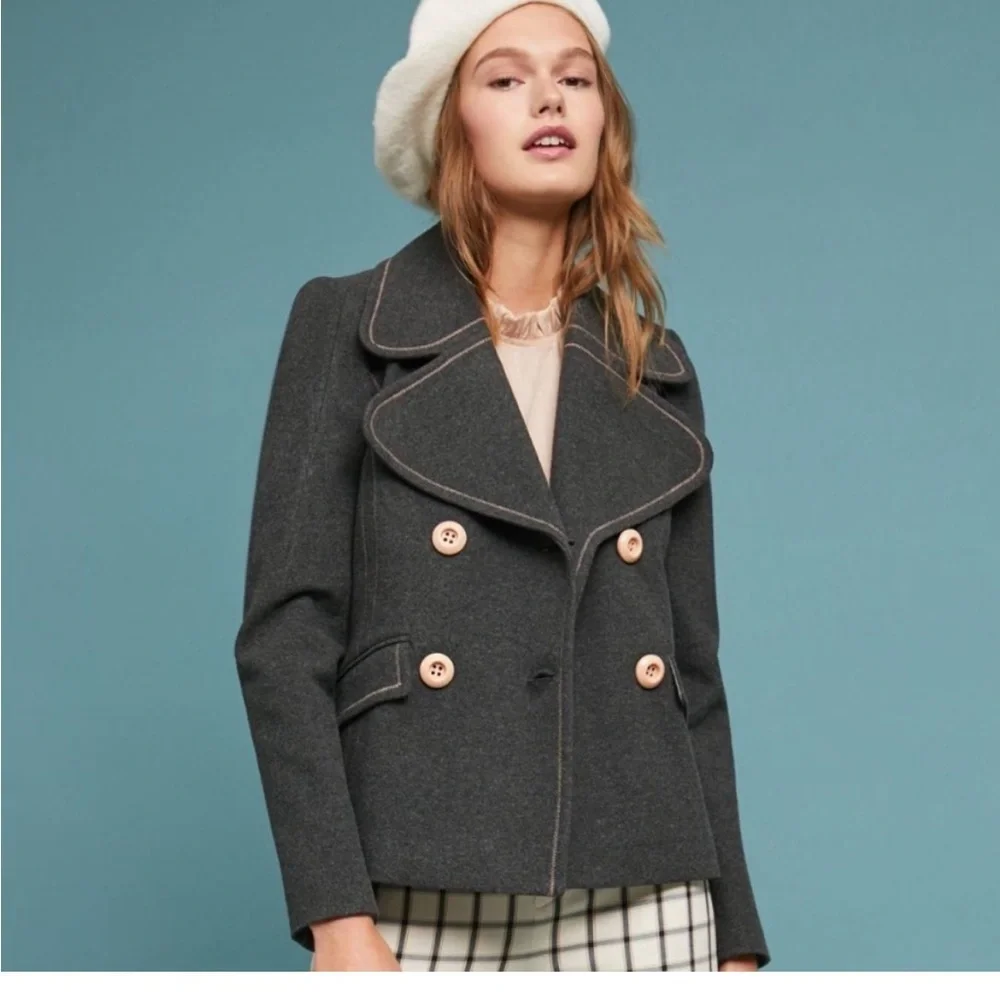 Anthropologie x ettwa Dark Gray Double Breasted Cropped jacket size 2